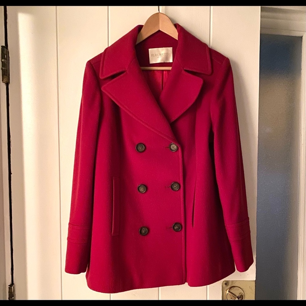 SOLD:  Rich Red Italian Wool Fleurette Pea Coat